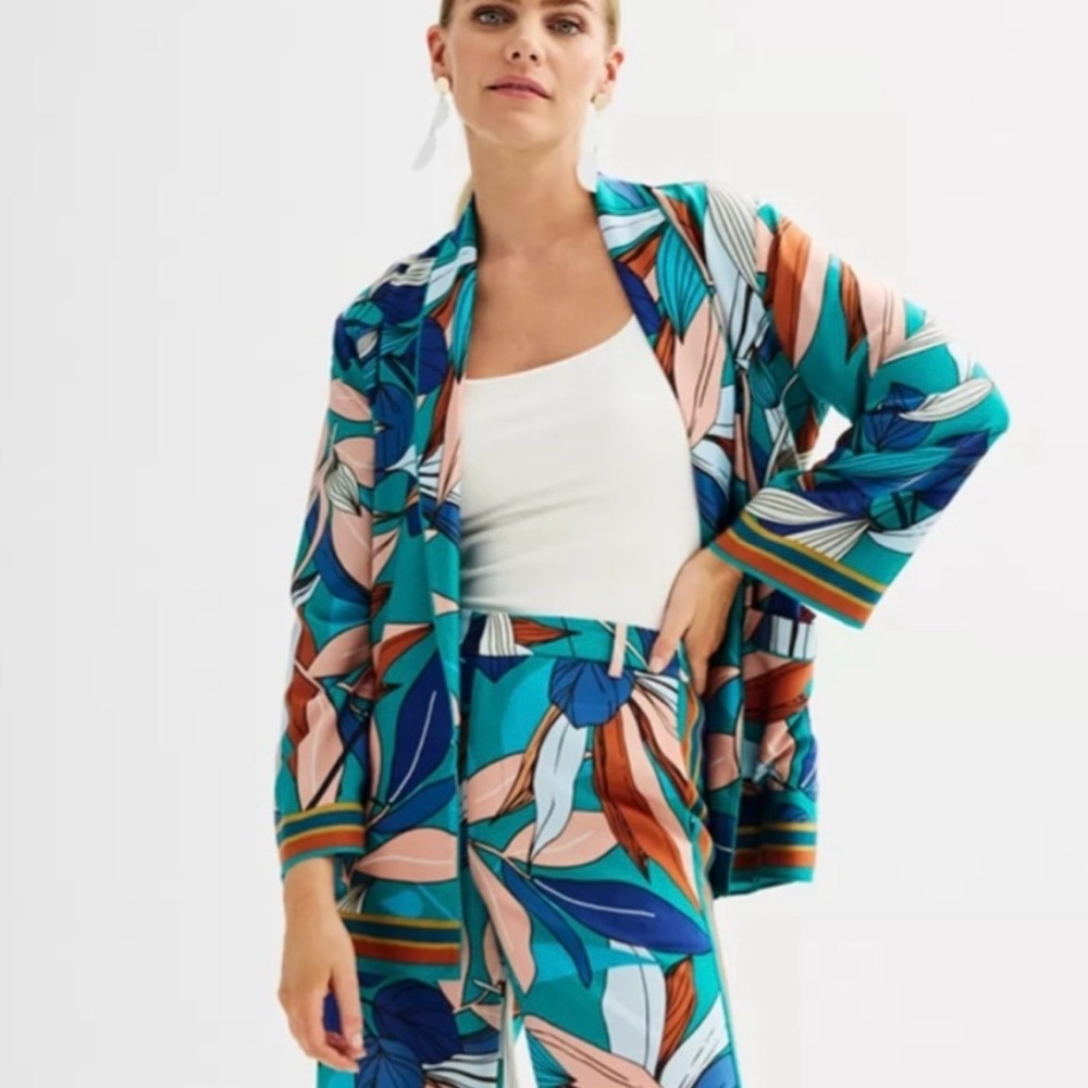 NWOT Two Piece Set - Nine West Jacket + Pants Tropical Leaf Print - Size Large - Picture 2 of 10